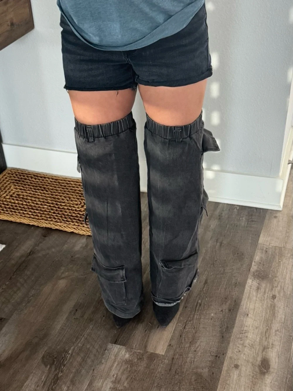 SCANDALOUS OVER THE KNEE STILETTO CARGO BOOT IN Charcoal DENIM